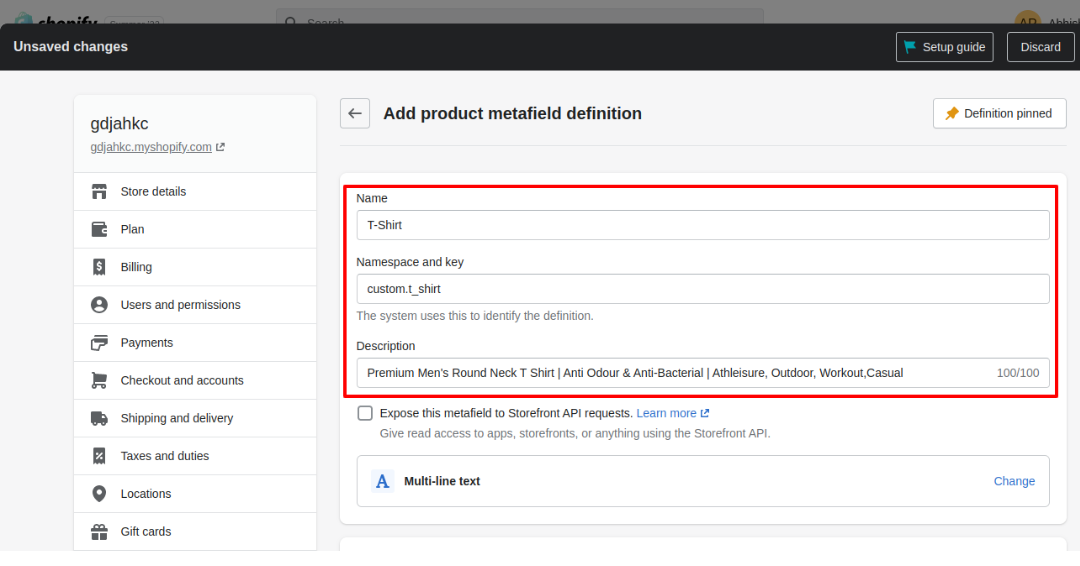 Shopify-Fields-Procusts-Add Defination